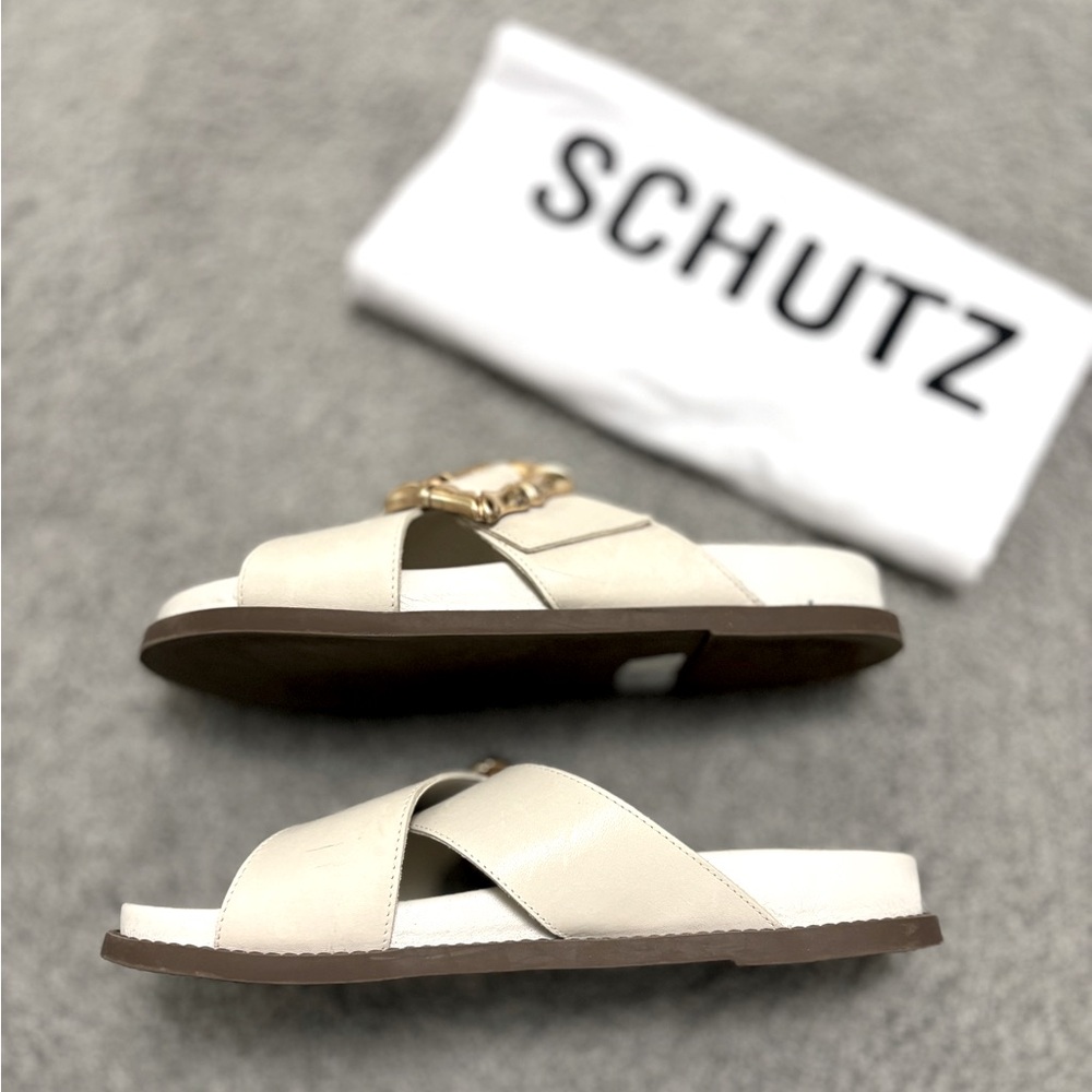 Schutz Enola Crisscross Buckle Leather Sandals White Gold buckle slides Size 7.5 - Picture 7 of 11